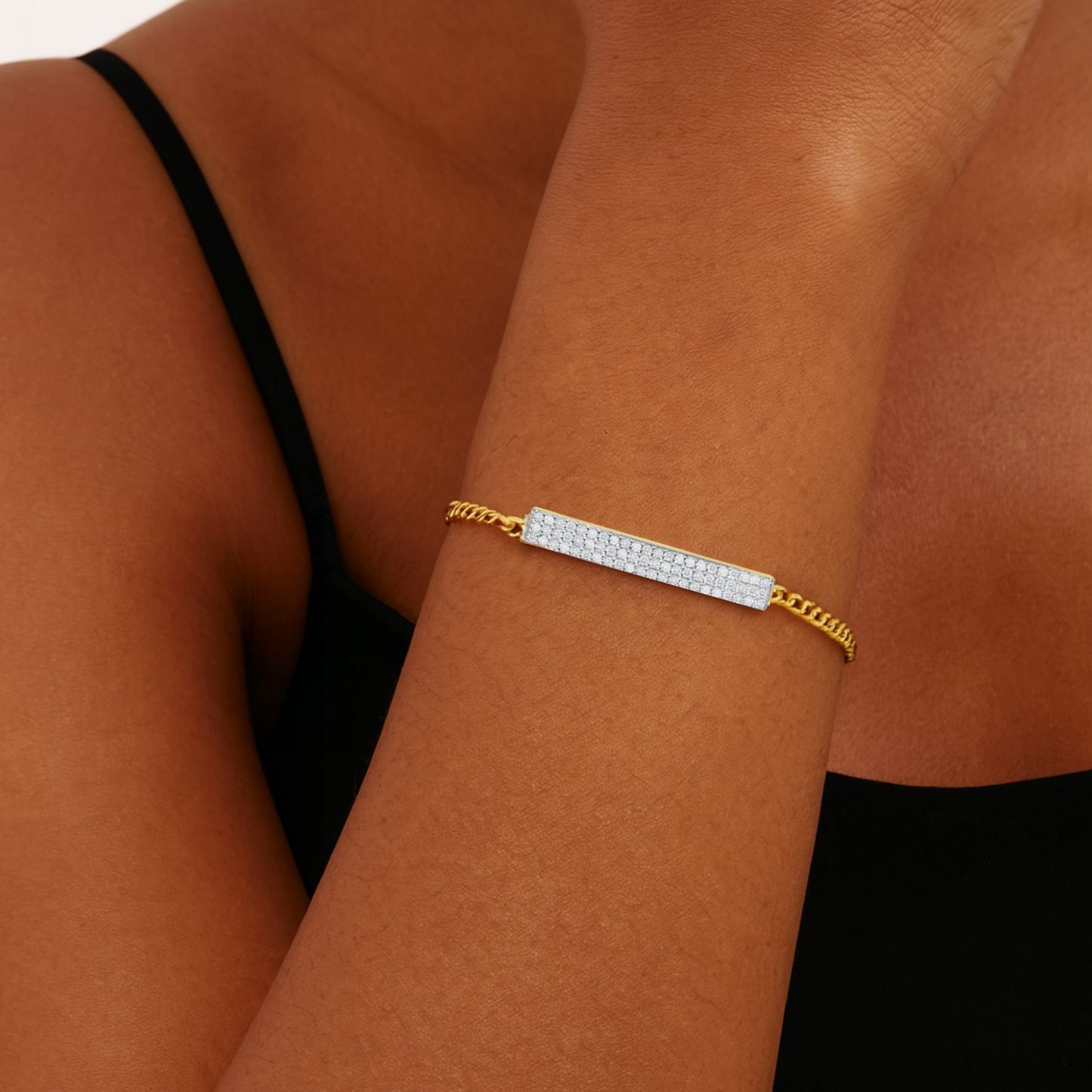 Curb Bracelet with Pave Diamond Bar - 14k Yellow Gold