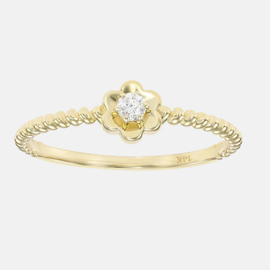 Gold Flower Ring - 14k Yellow Gold W/Lab Diamond